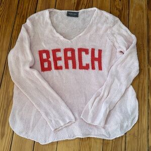 Wooden Ships Light Pink V-Neck Sweater with Red 'BEACH' Design